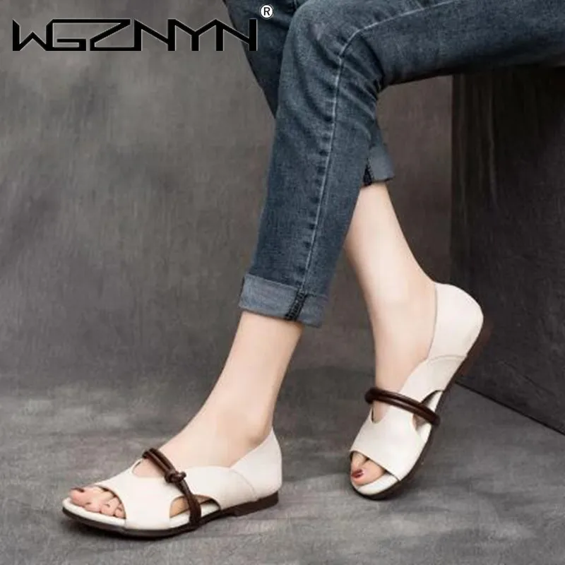 

Women Leather Sandals Fish Mouth Flat Heels Summer Shoes for Women Retro Soft Casual Genuine PU Leather Women Sandals Brand 2022