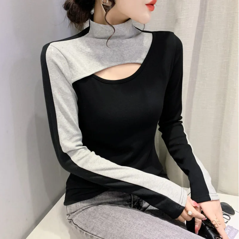 

Футболка женская с высоким воротником, облегающая эластичная хлопковая короткая рубашка с разрезом, в стиле хип-хоп, уличная одежда, цвет со вставками, зима