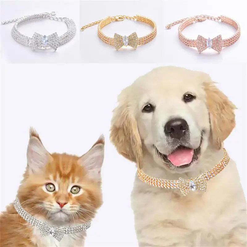 

Adjustable Pet Necklace Cat Dog Collar With Rhinestone Bow-knot Pendant Jewelry Luxury Metal Copper Puppy Collars Dog Supplies
