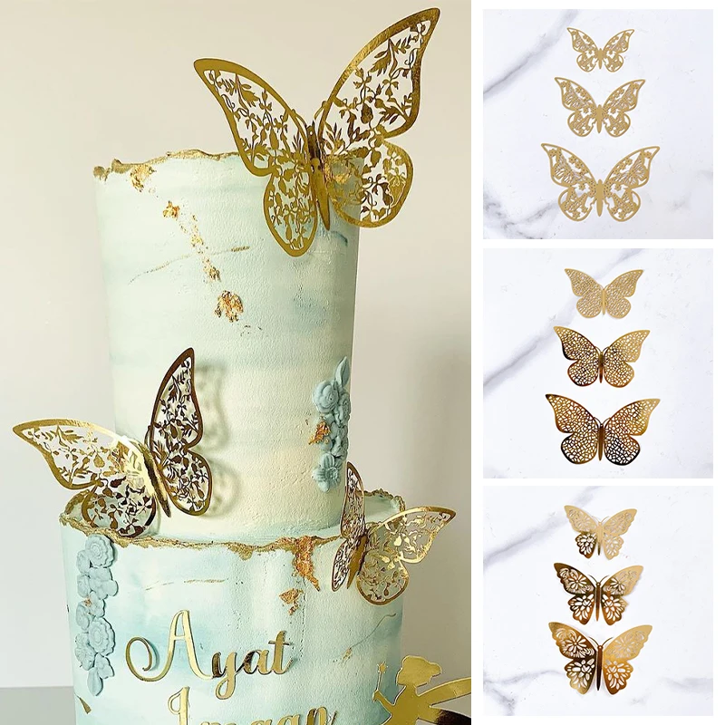 

Butterfly Metal Texture Paper Birthday Cake Topper Gold 3D Hollow Baking Cake Topper for Weddind Party Cake Decorations