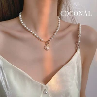 korean vintage elegant pearl beads necklace for women fashion rhinestone shell golden heart pendent necklace choker jewelry
