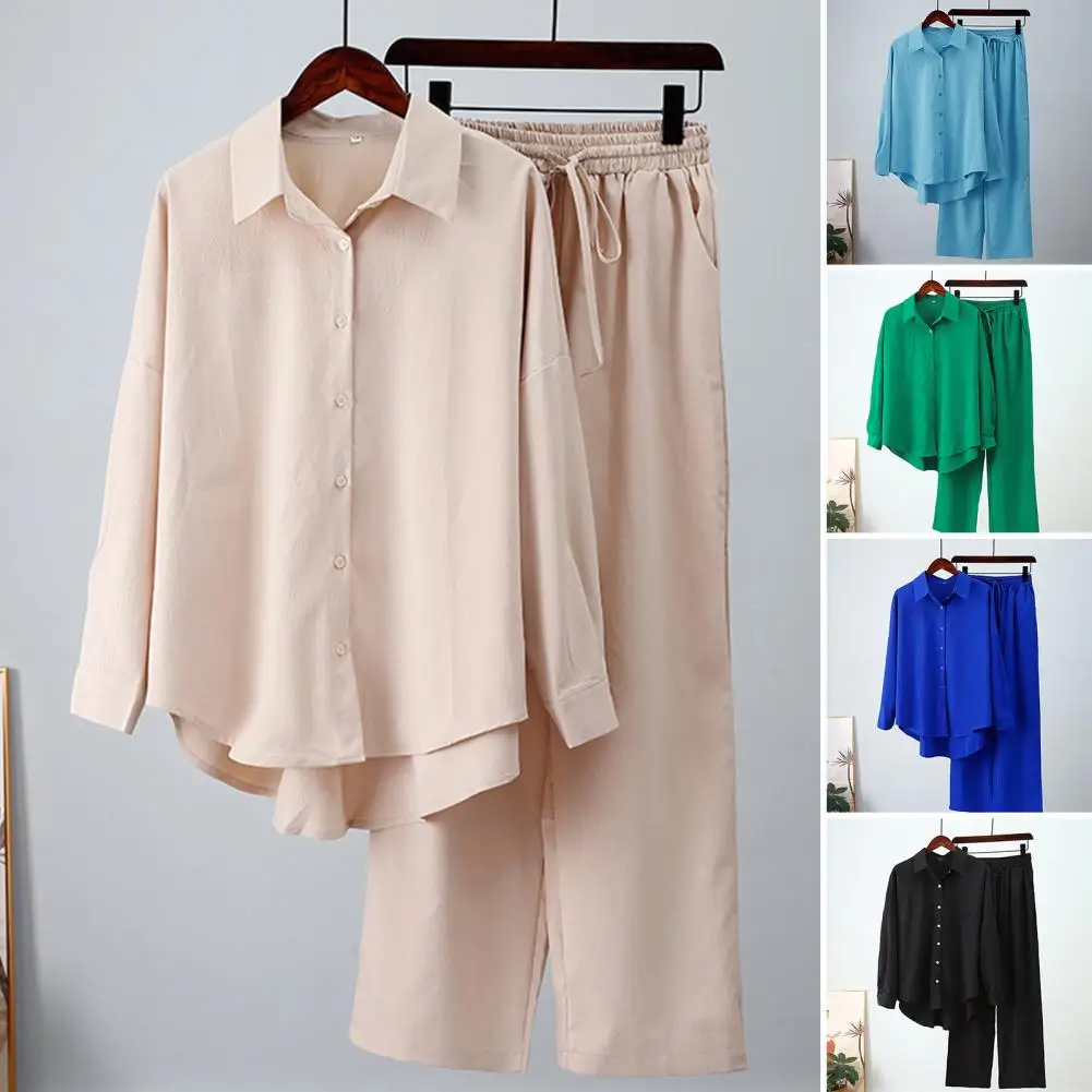 

Turn-down Collar Lapel Elastic Waist Deep Crotch Fall Shirt Pants Suit Daily Wear Clothes