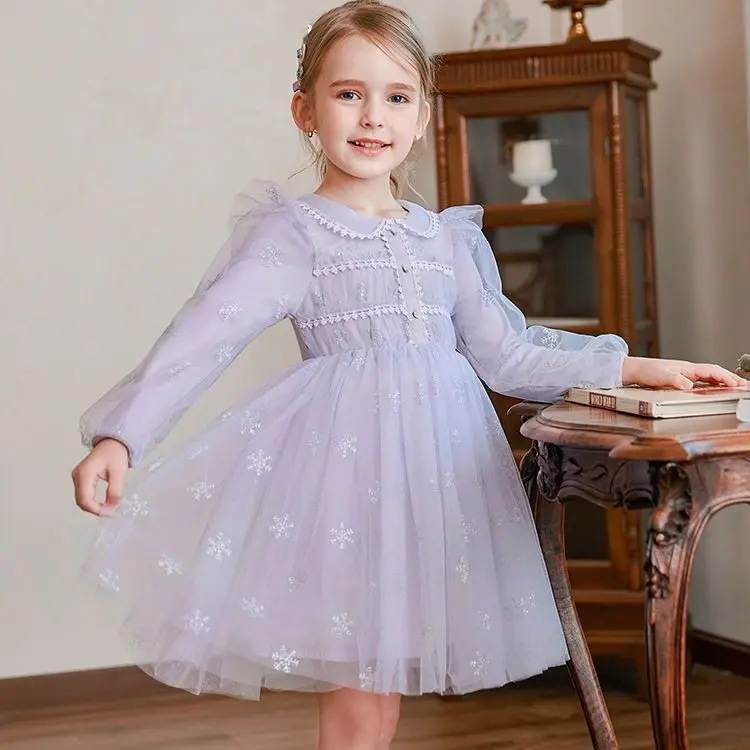 

Retail 2023 Fall Long Sleeve Purple Mesh Dress , Girls Princes Fashion Sweet Clothes 4-9T