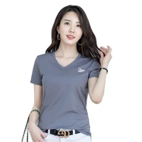2022 summer simple cotton slim t shirt women designer office lady embroidery tees tops short sleeve casual sports running top