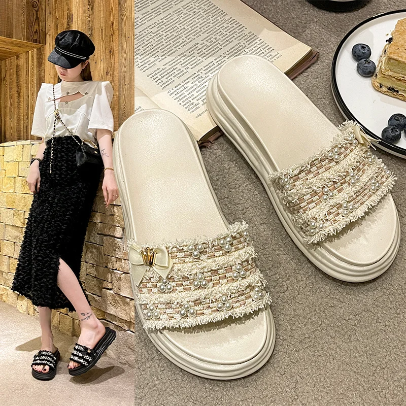 Shoes String Bead Womens Slippers Outdoor Pantofle Platform Med Slides 2023 Flat Summer PU Bonded Leather Rubber Slippers Women