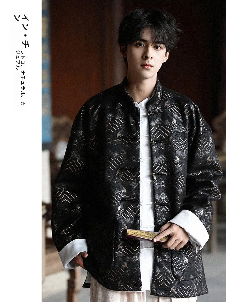 Men's Stand Collar Jacket Embroidered Silk Sea Pattern Couples Outerwear Autumn Winter Fashion Chinese Sle Long Sleeve Coat |