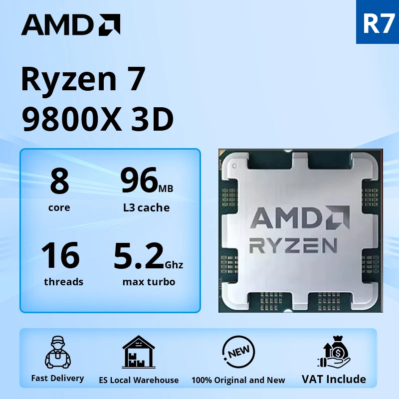 AMD Ryzen 7 9800X3D Gaming CPU R7 9800X3D 5.2GHz 8-Core 16-Thread 104M Game Cache Socket AM5 without Package for PC Gamer