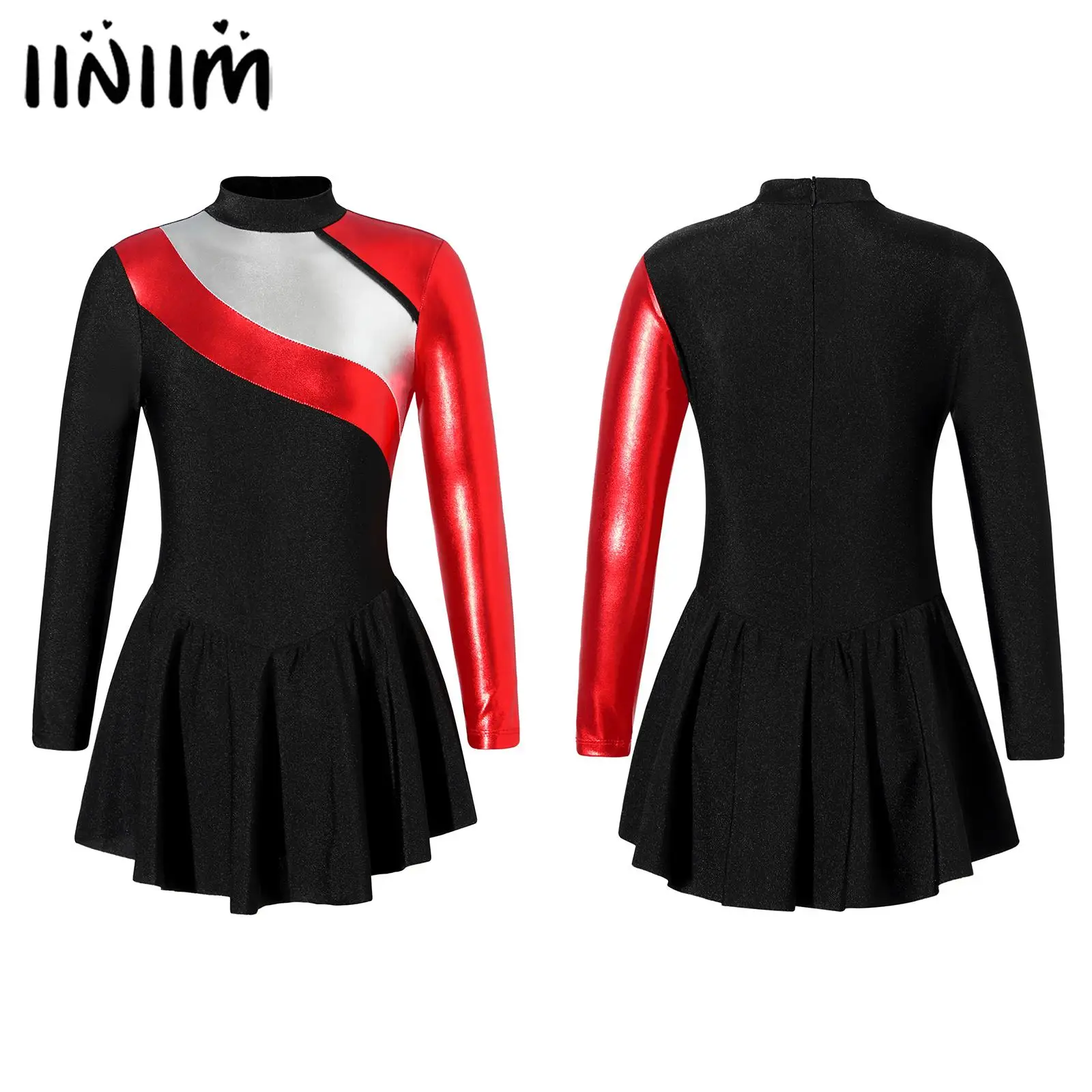 

Kids Girls Stylish Clothing Long Sleeve Round Collar Patchwork Style Bronzing Cloth Invisible Zipper Closure Back Dance Dress