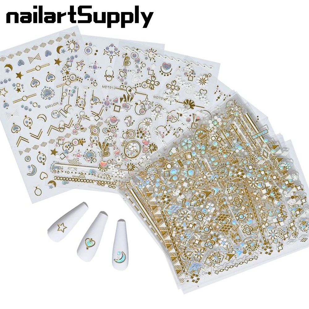 

16Pcs/Set Bronzing Diamond 3d Nail Art Stickers With Mini Aurora Rhinestone Nail Sliders，Retro Luxury Manicure Decals Decoration