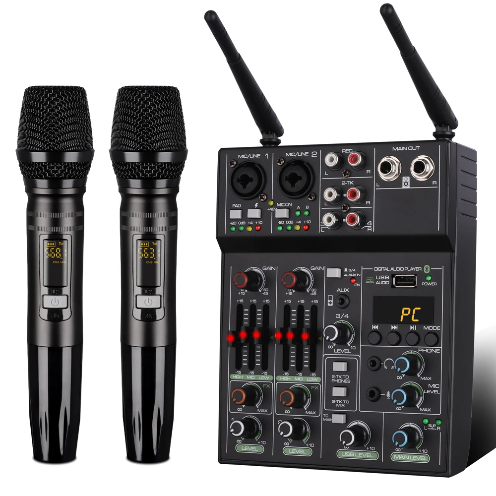 

4 Channel Audio Mixer Professional UHF Wireless Microphone System Stage Performance Karaoke Microphone Sound Mixer Phantom Power