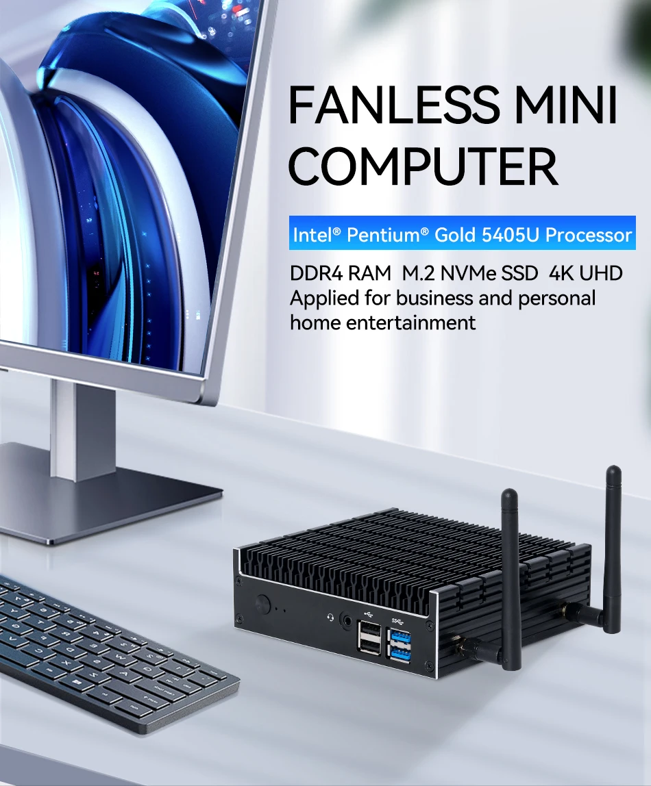Mini Pc Industriale Senza Ventola Computer Intel Pentium 5405U Ddr4 M.2 Nvme Ssd 4K Uhd Wifi Bluetooth Windows 11 Linux Barebone
