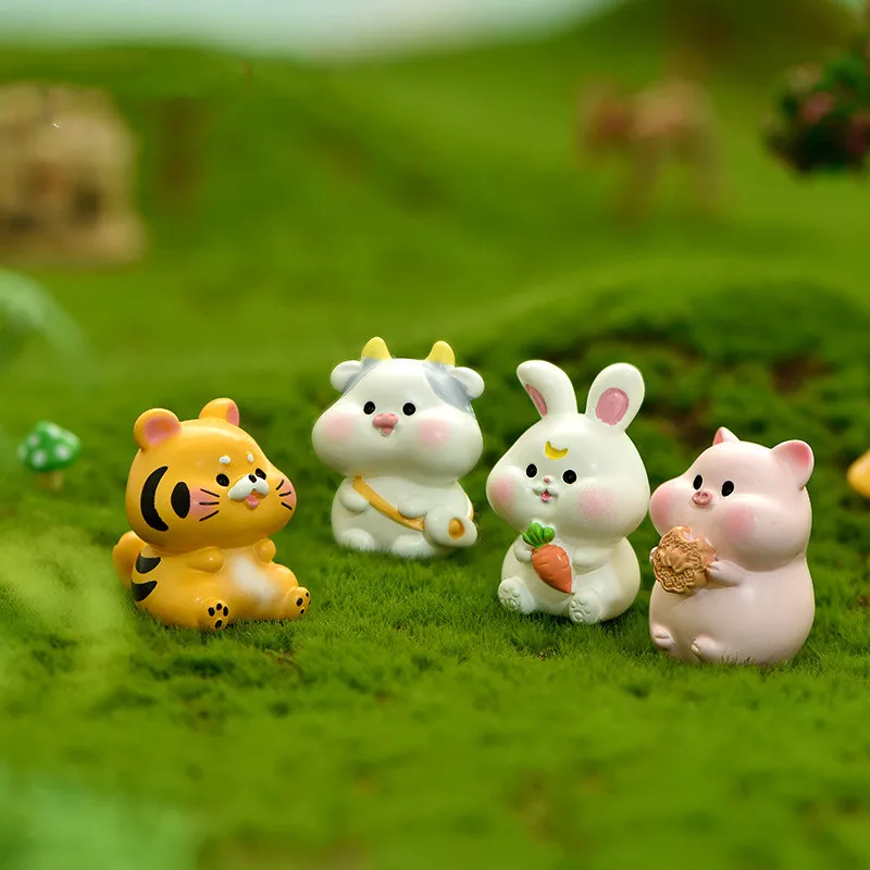 

Figurine Miniature Cartoon Cattle Tiger Rabbit Dragon Small Animal Resin Crafts For Home Decoration Kawaii Garden Accessories