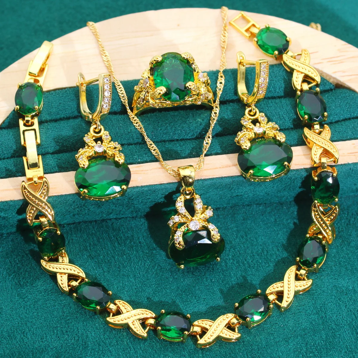 

New Arrivals Gold Color Jewelry Sets For Women Wedding Green Zircon Bracelet Earrings Necklace Pendant Ring Halloween Gifts