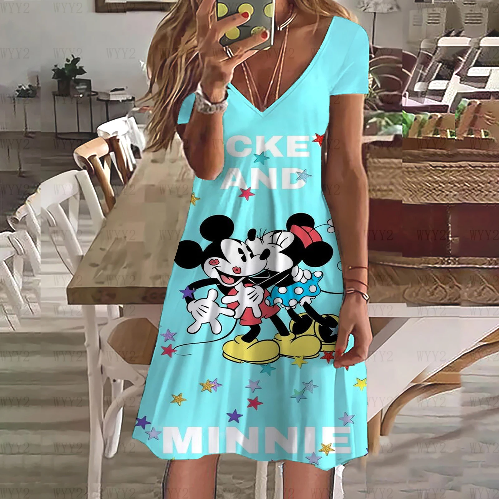 

Женское Повседневное платье с коротким рукавом, платье в уличном стиле с V-образным вырезом и принтом Микки Дисней, лето 2023