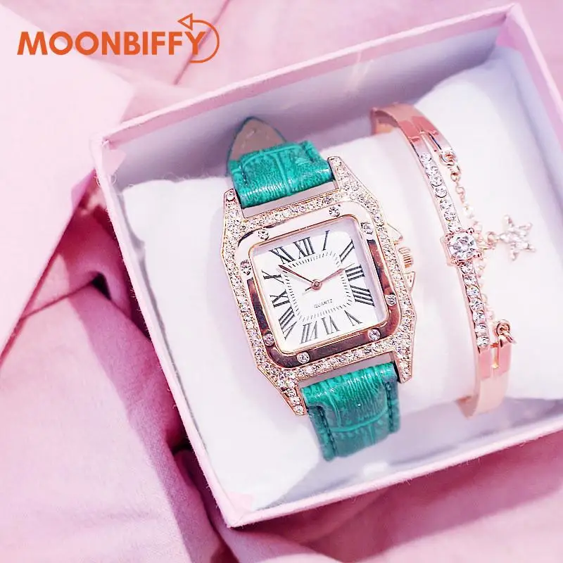 

Часы наручные женские кварцевые с квадратным циферблатом и кожаным ремешком