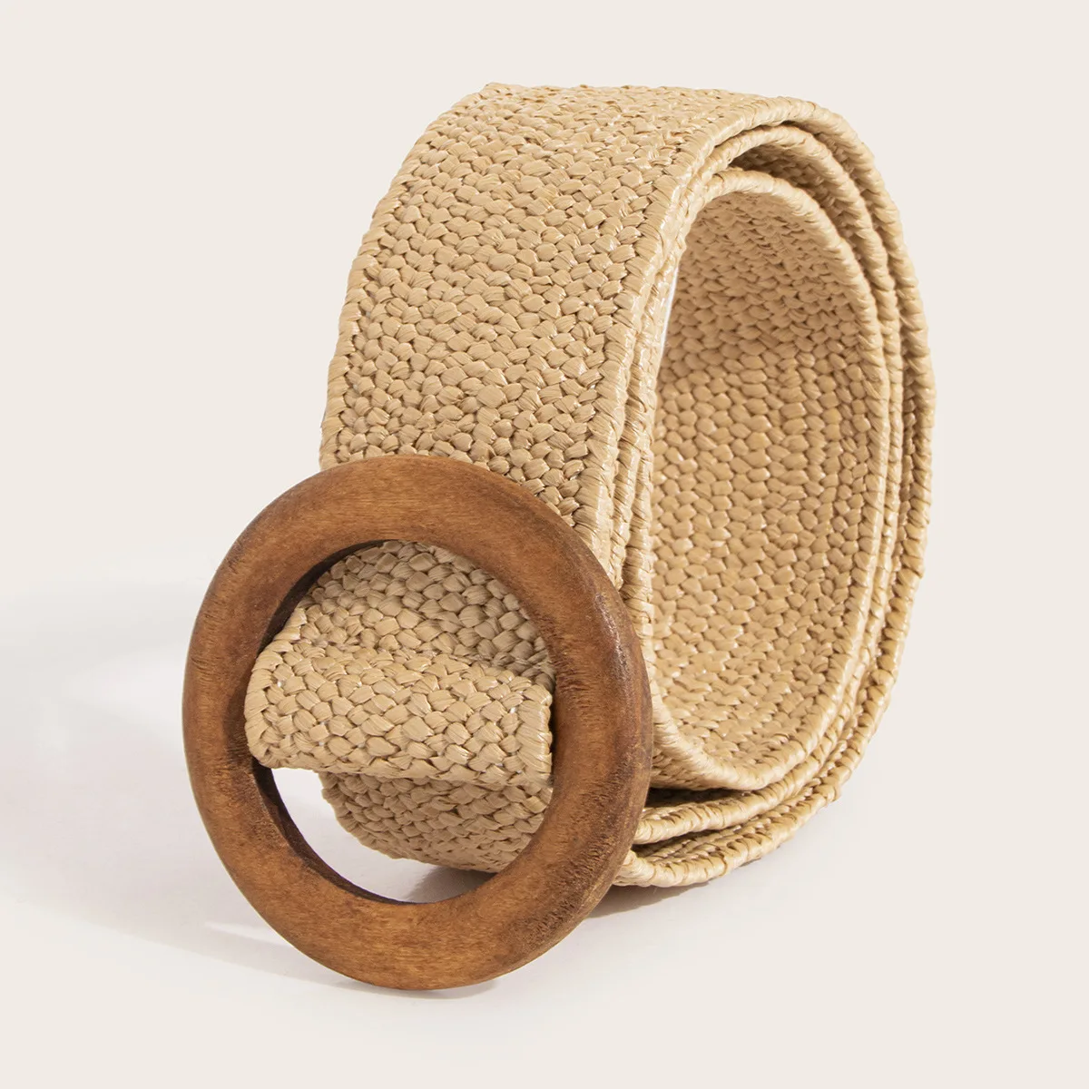 Round Wood Buckle Straw Woven Elastic Woven Belt For Women'S Fashion Without Fixed Buckle Bohemian Belt Decoration A3479