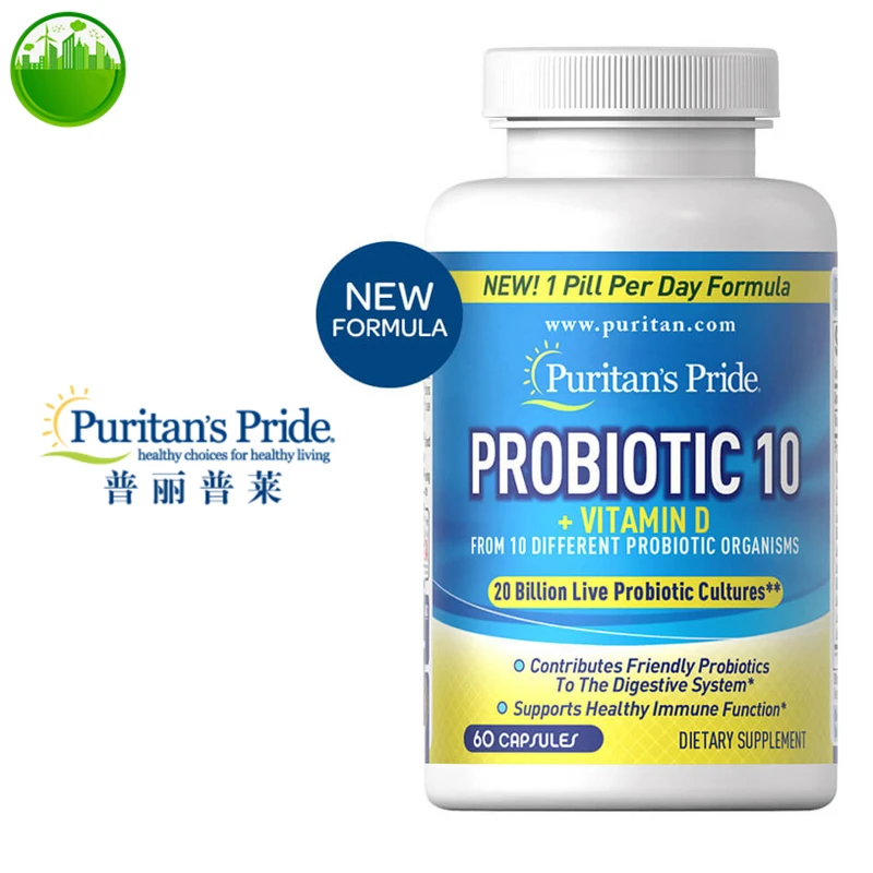 

US Puritan's Pride PROBIOTIC 10 VITAMIN D FROM 10 DIFFERENT PROBIOTIC ORGANISMS 20 Billion Live Probiotic Cultures 60 CAPSULES