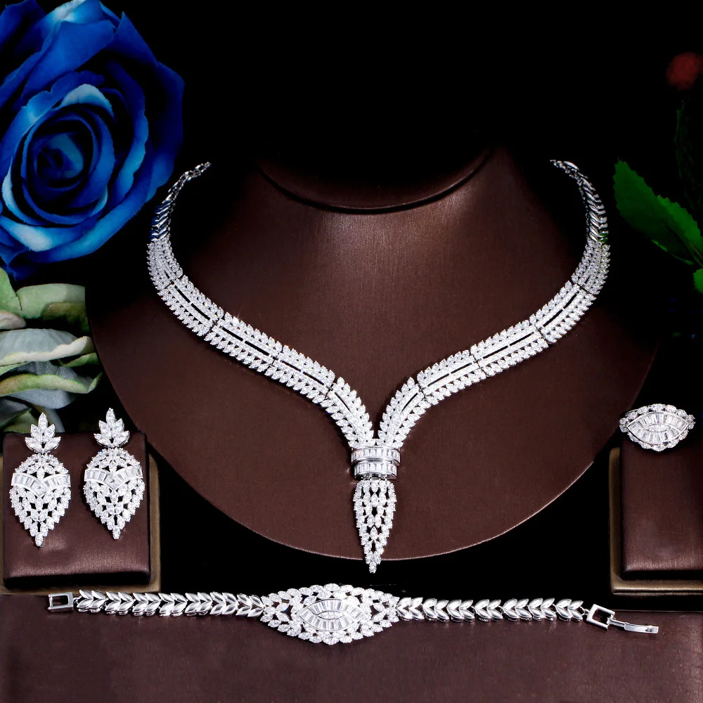 

ThreeGraces 4pcs Shiny Full Cubic Zirconia Luxury Bridal Wedding Jewelry Set for Women Dubai Nigerian Bride Accessories TZ818