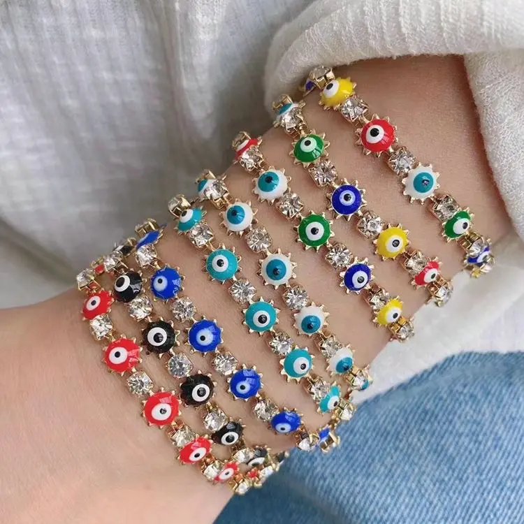 

5Pcs Mujeres Pulseras Fashion Bracelets Women For Ladies Tennis Zircon Brass 18k Gold enamel Eyes Bracelet Jewelry