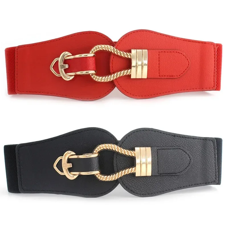 

Women Ladies Girls Fashion Wide Waistbands Big buckle PU Leather Cummerbunds Stretchy belts Elastic Waist Belt for Dress Sweater