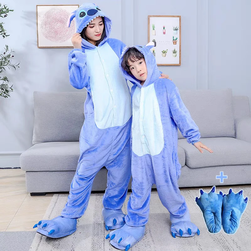 New Disney Lilo &amp Stitch One Piece Pajamas Adult Children Cartoon Plush Kigurumi Onesies Winter Warm Clothes Christmas Gift