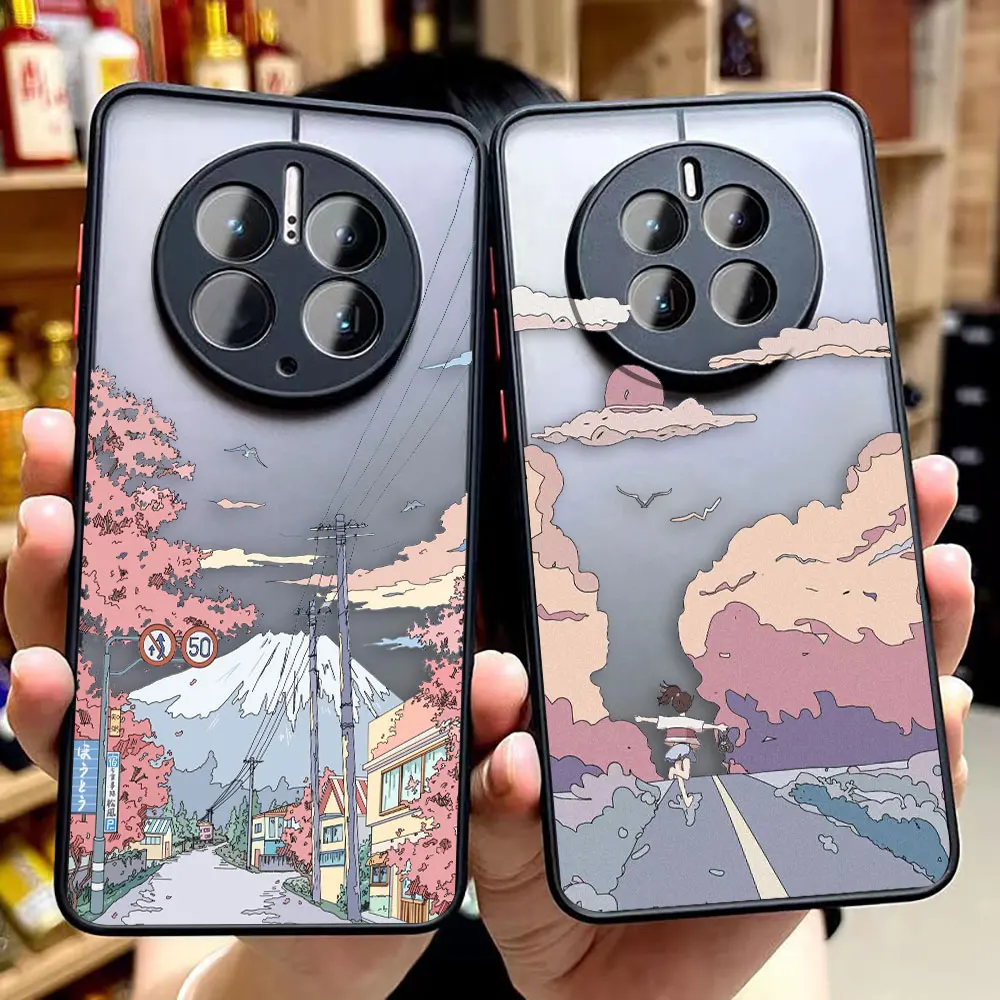 

Matte Phone Case for Huawei P50 P40 P30 P20 MATE 40 30 20 PRO PLUS Y7P Y8P Y9 Case Funda Shell Japan Hand Painted Street Scenery