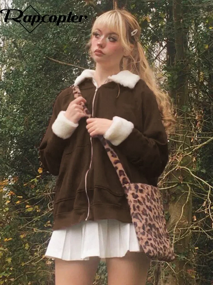 

Rapcopter y2k Fur Jackets Loose Brown Grunge Fairycore Coat Turn Down Collar Zipper Prepply Sweatshirts Women Chic Outerwear 90s