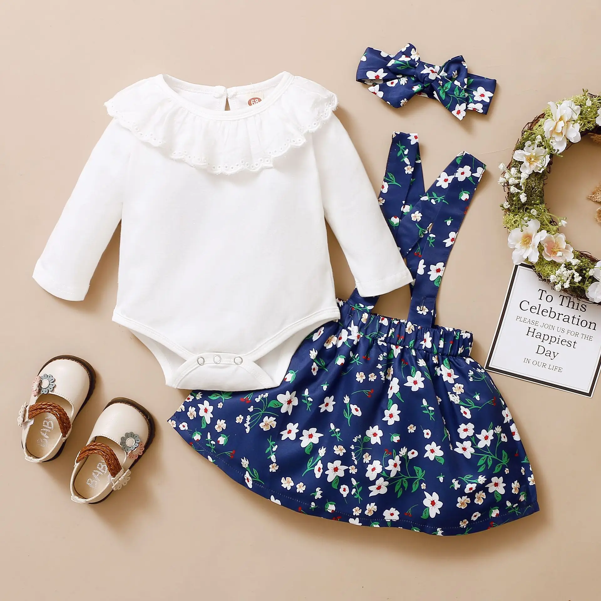 

Newborn Baby Girl Clothes Set Summer Infant Solid Color Romper Floral Suspender Skirt Headband Toddler Clothing Outfit