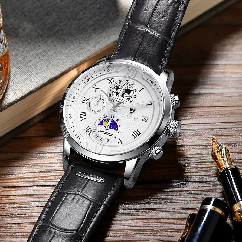 Часы наручные LIGE Мужские кварцевые модные брендовые Роскошные