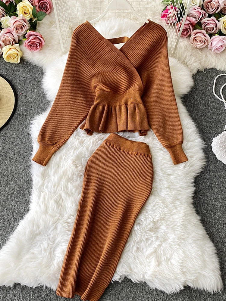 

YuooMuoo Women Dress Sets 2022 Autumn Winter Elegant Shining Knitted Ruffled Sweater Tops + Skinny Package Hips Skirts 2PCS Suit