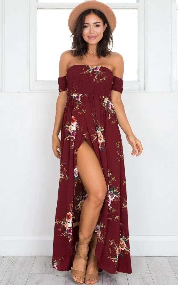 

Bohemian Summer Beach Dress Sexy Women Off Shoulder Elegant Floral Print Sundress Vestidos