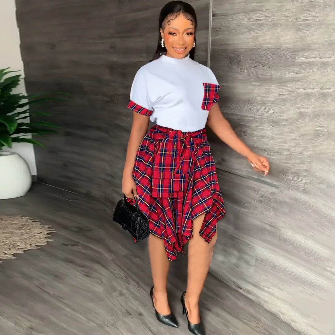 

Summer Fashion Plaid Print Two Piece Set Women Casual Plaid Pocket Tshirt Irregular Lace-up Skirt Two Piece Suit Women