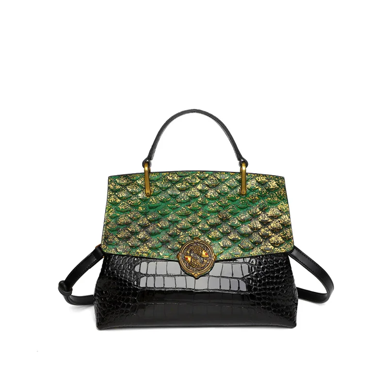 2023 leather top layer cowhide handbag with snake pattern single shoulder crossbody bag with crocodile pattern commuting bag