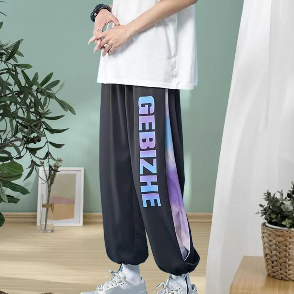 

Men Pants Loose Letter Print Ankle-banded Men Sweatpants Tie-dye Straight Elastic Waist Deep Crotch Trousers