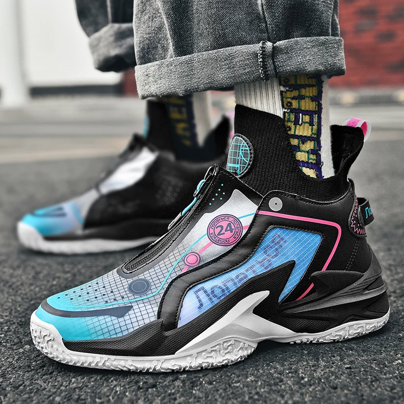 Size 36-45 Spring Blue Sock Men's Basketball Sneakers Chunky Professional Training Shoes Women High Zip Sport Shoes Man basket