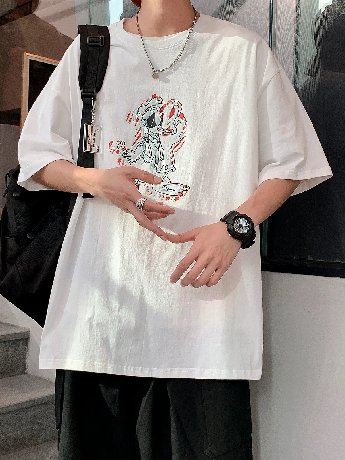 Summer Cartoon Print round Neck Short sleeve T-shirt Men's Hong Kong Sle Retro Casual Youth Loose All-Match Half Sleeve Top