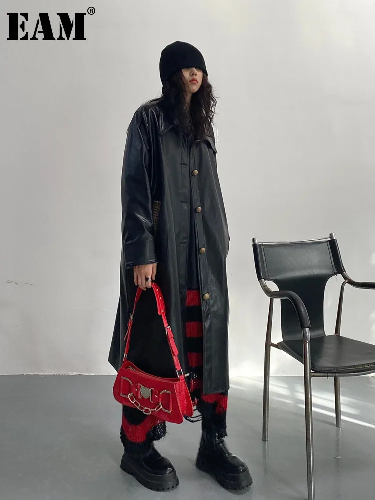 

[EAM] Women Black Pu Leather Long Big Size Trench New Lapel Long Sleeve Loose Fit Windbreaker Fashion Spring Autumn 2022 1DF0210