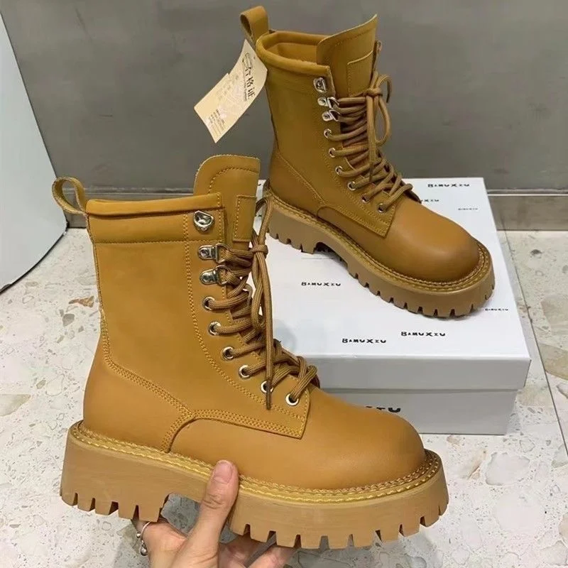 

Женские мотоциклетные ботинки на платформе, повседневные Нескользящие Ботинки Челси на шнуровке, Осень-зима 2022