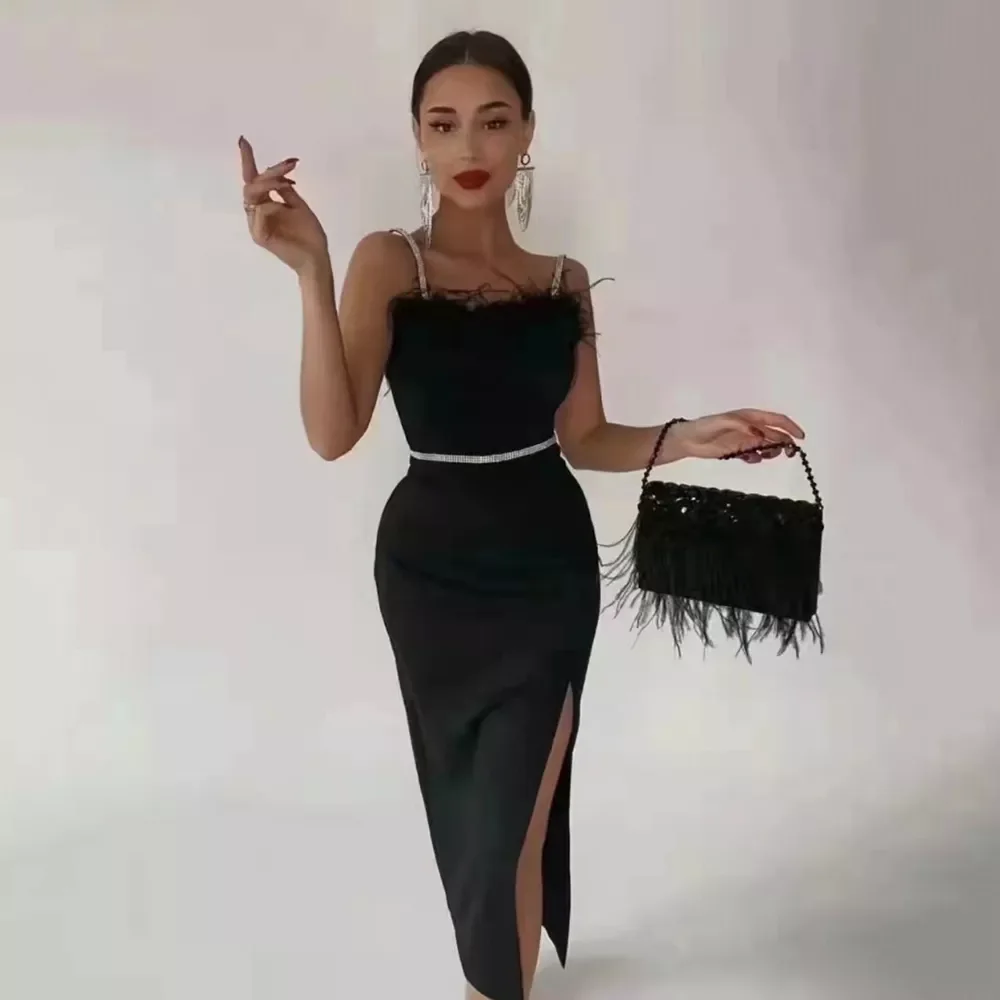 

Beading Bandages Dress Women Black Feathers Elegant Clothing Celebrity Party Club Bodycon Midi Dresses