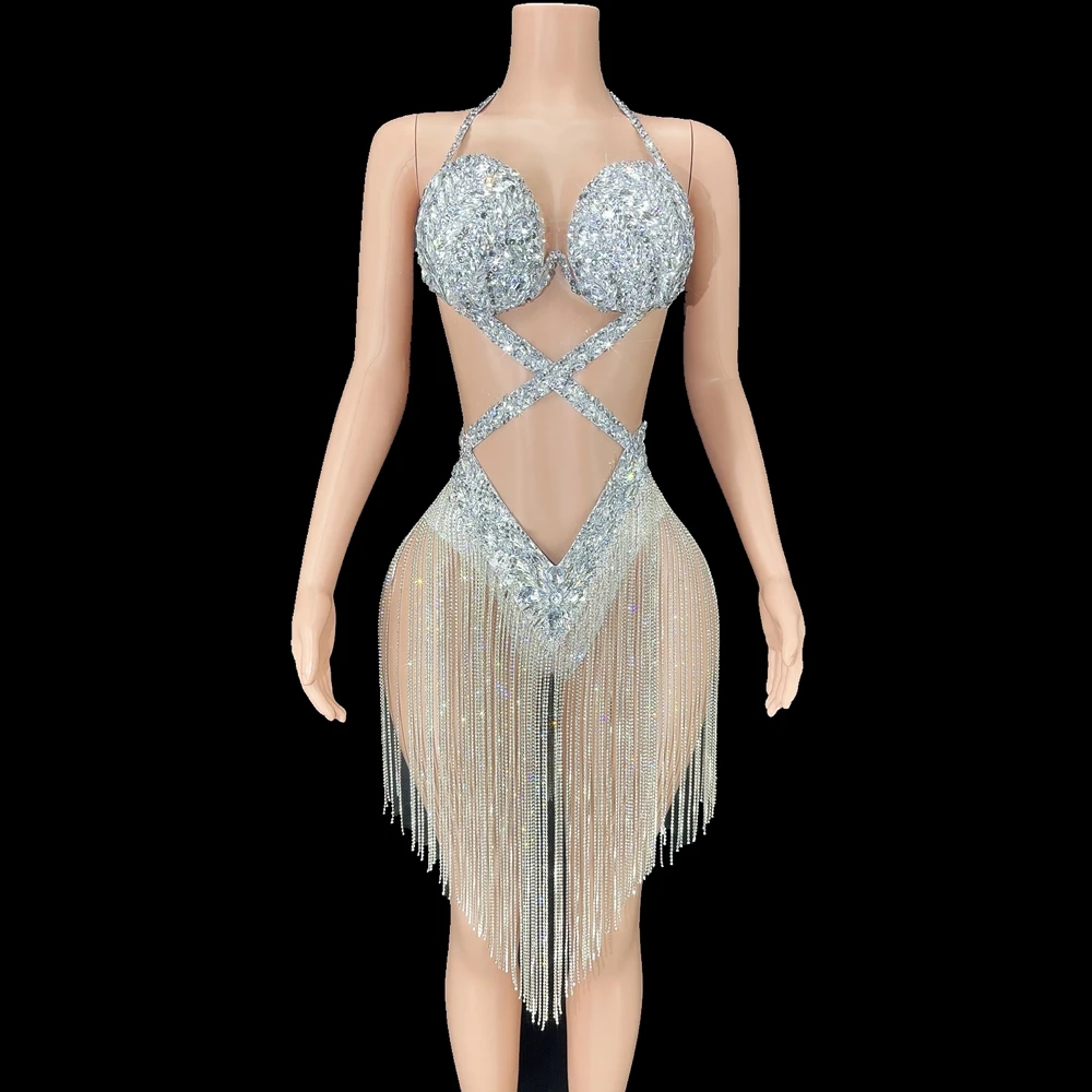 

Sexy Backless Leotard Luxurious Crystals Rhinestones Chains Summer Women Evening Prom Celebriate Birthday Outfit Dance Costume