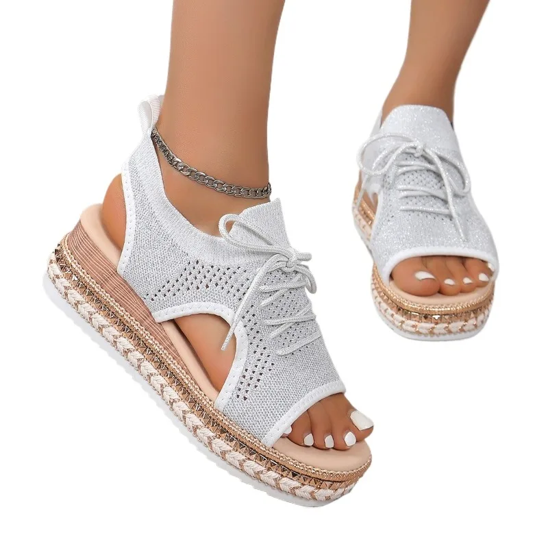 Современные сетчатые сандалии на высоком каблуке женские босоножки танкетке со