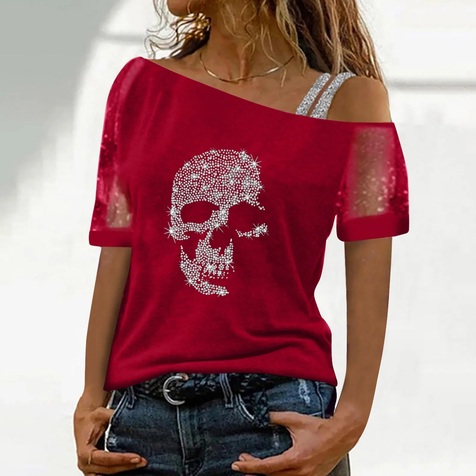 

Летние сетчатые лоскутные футболки, женские сексуальные кружевные однотонные футболки с коротким рукавом, Женский облегающий пуловер, топ...