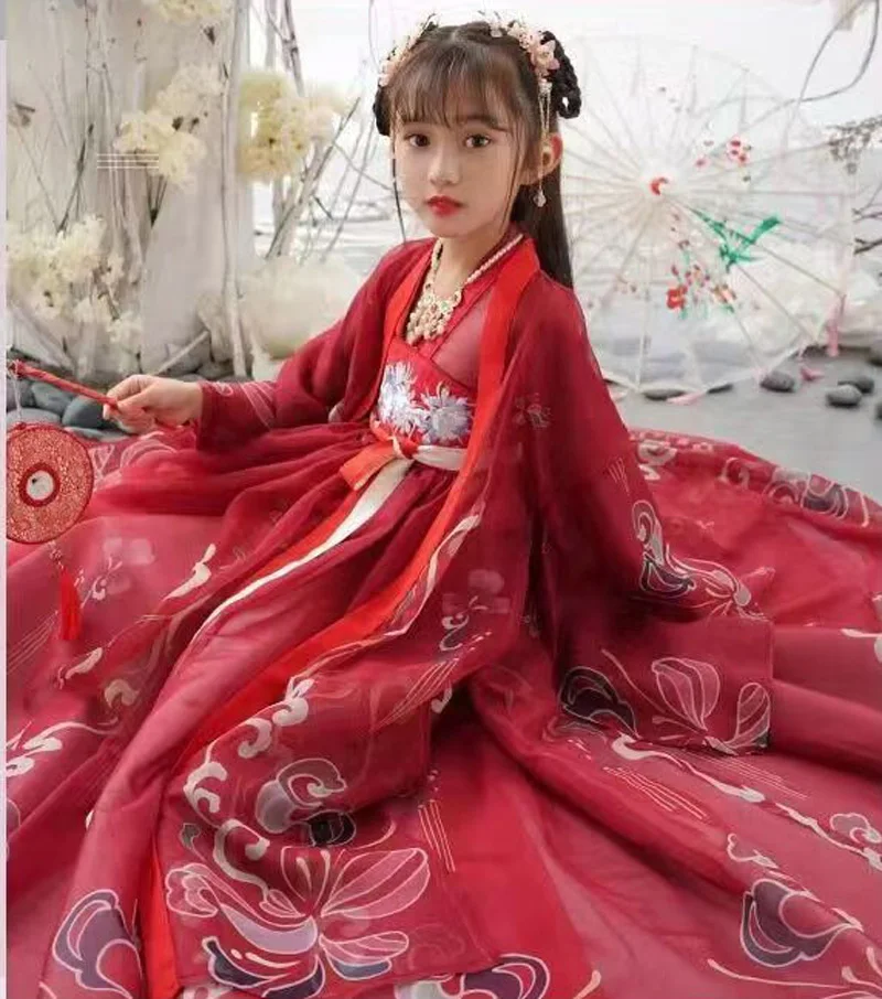 Китайское красное Повседневное платье Hanfu для девочек