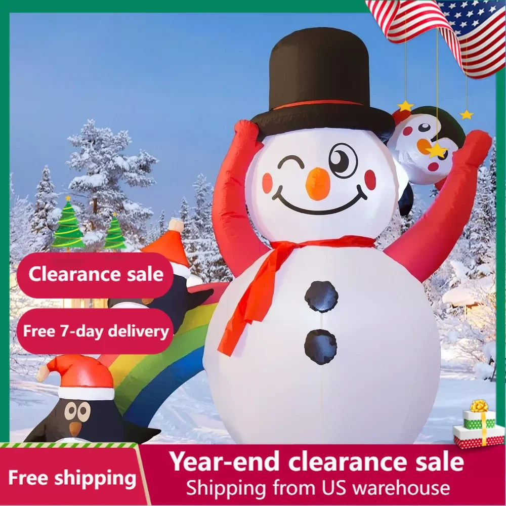 

Christmas Inflatable Snowman With Dynamic Projection Lights 6FT Snowman and Rainbow Slide With Penguin Companions Outdoor Decors
