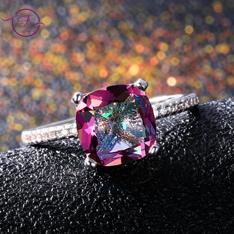 Chamfer Square 8*8MM Mystic Fire Rainbow Topaz Ring for Women Silver Rings Anniversary Jewelry Valentines Day Gift