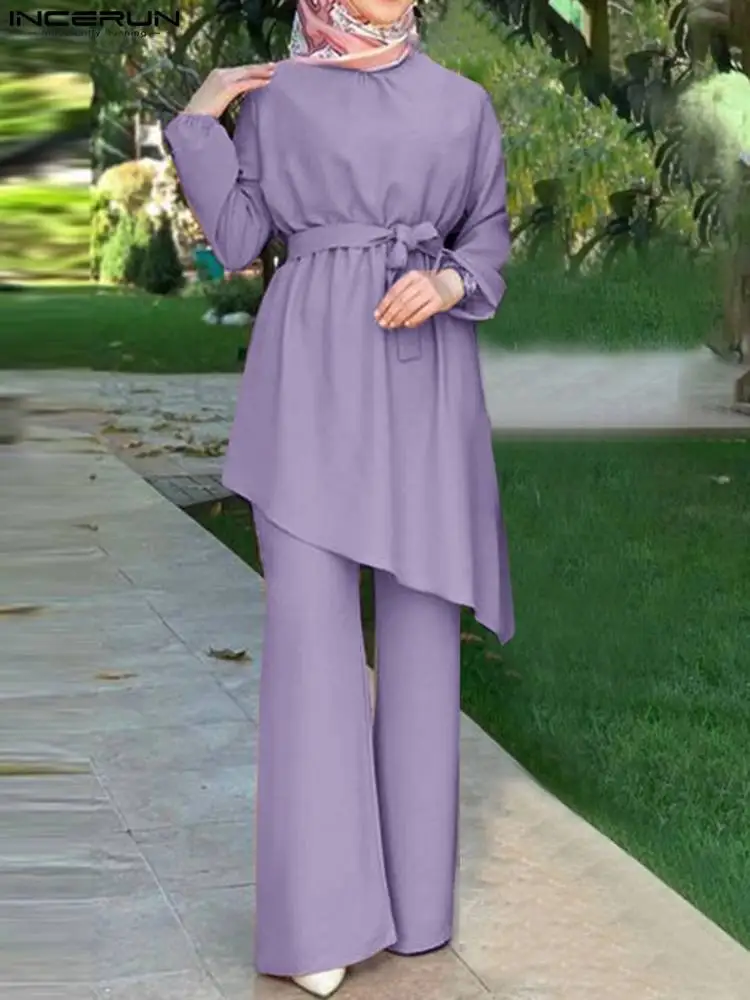 

Stylish Women Loose Muslim Outifits ZANZEA Matching Sets Casual Asymmetrical Hem Blouse Trousers Suits Two Piece Sets Tracksuit
