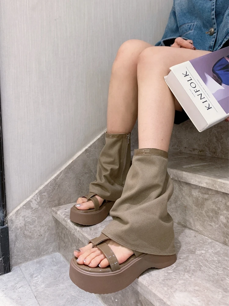 2023 Dark Hot Girl Style Sweet Cool Flip Toe Platform Denim Pants Tube Sandals Open Toe Mopping Floor Boots Women's Shoes