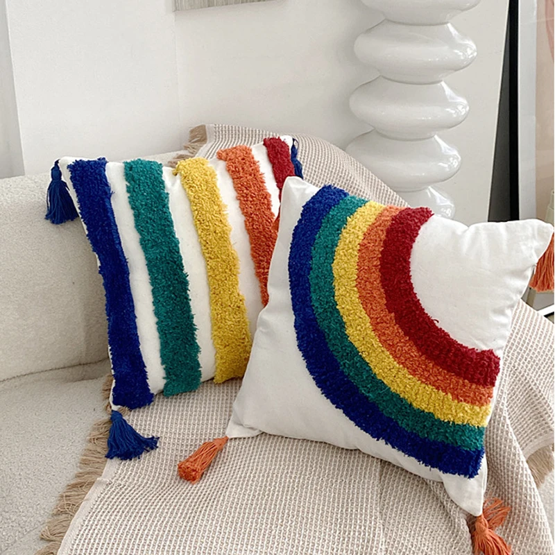 

Tufted Rainbow Color Cushion Covers 45x45 30x50 Boho Tassel Decorative Pillow Case For Sofa Home Decor Free Shopping JN