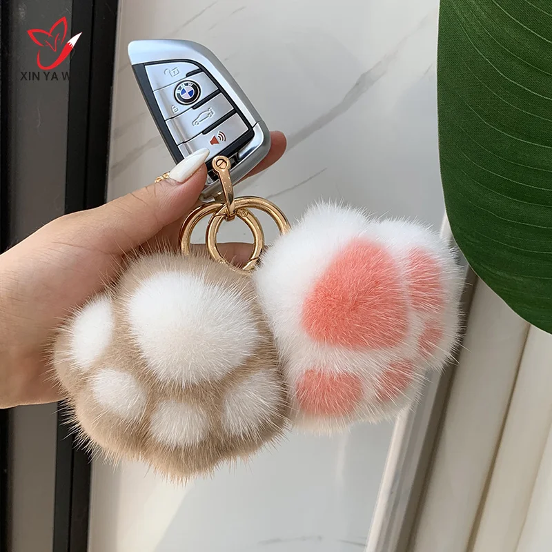 

Женский автомобильный брелок из меха норки, милый подарок для девочки, брелок, плюшевый коготь, сумка, очаровательные украшения, мягкий помп...