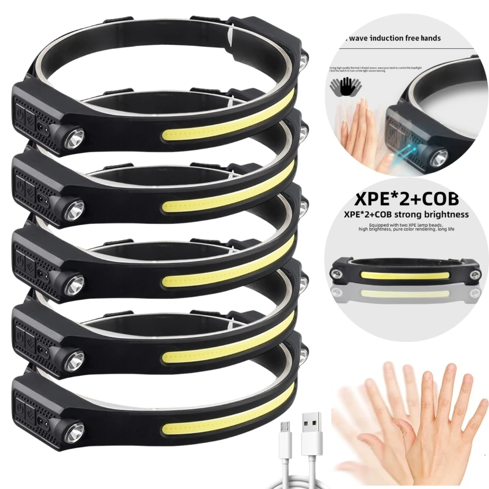 

1-10pcs Portable Outdoor Cycling LED COB Headlight USB Rechargeable 5 Mode Strong Light Headlamp Torch Fishing Light